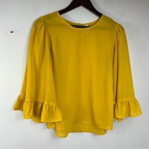 Japna Size Small Yellow Bell Sleeve Semi-Sheer Ruffle Blouse W3